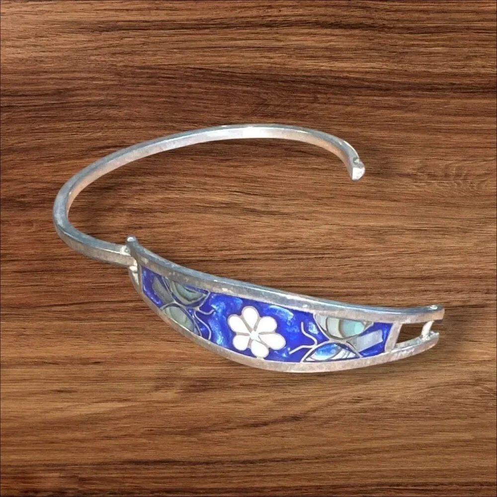 Vintage Mexico Eagle Mark Abalone Floral Inlay Cuff Bracelet 6.5” - 6.75”